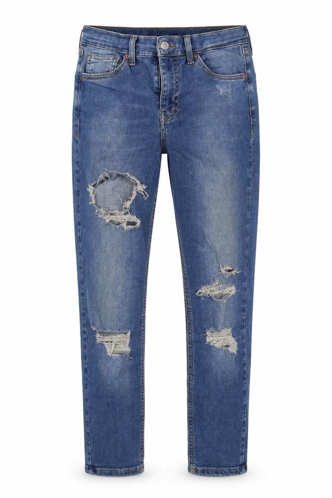 Front view of women’s blue straight jeans, size UK 28, in, 28-inch leg