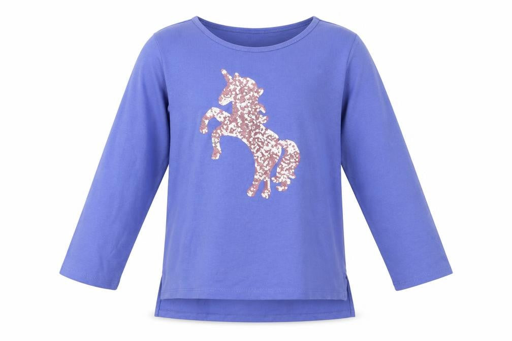 Front view of Gymboree girls’ blue pullover t-shirt, size 10, years - unicorn