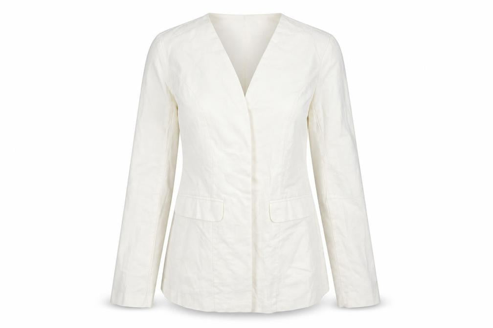 Front view of JustFab women’s white jacket, size XS