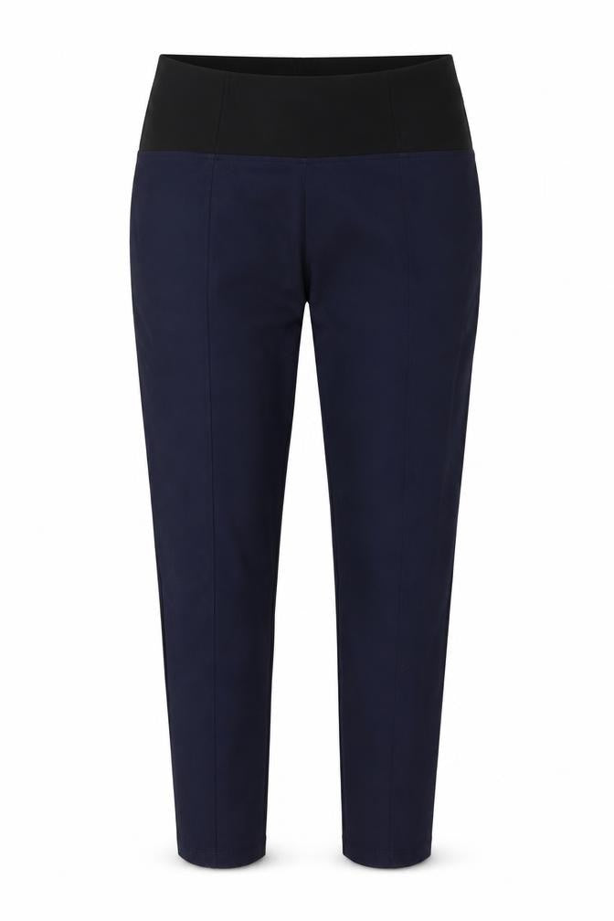 Front view of Marks & Spencer women’s blue trousers, size UK 12, 28-inch leg