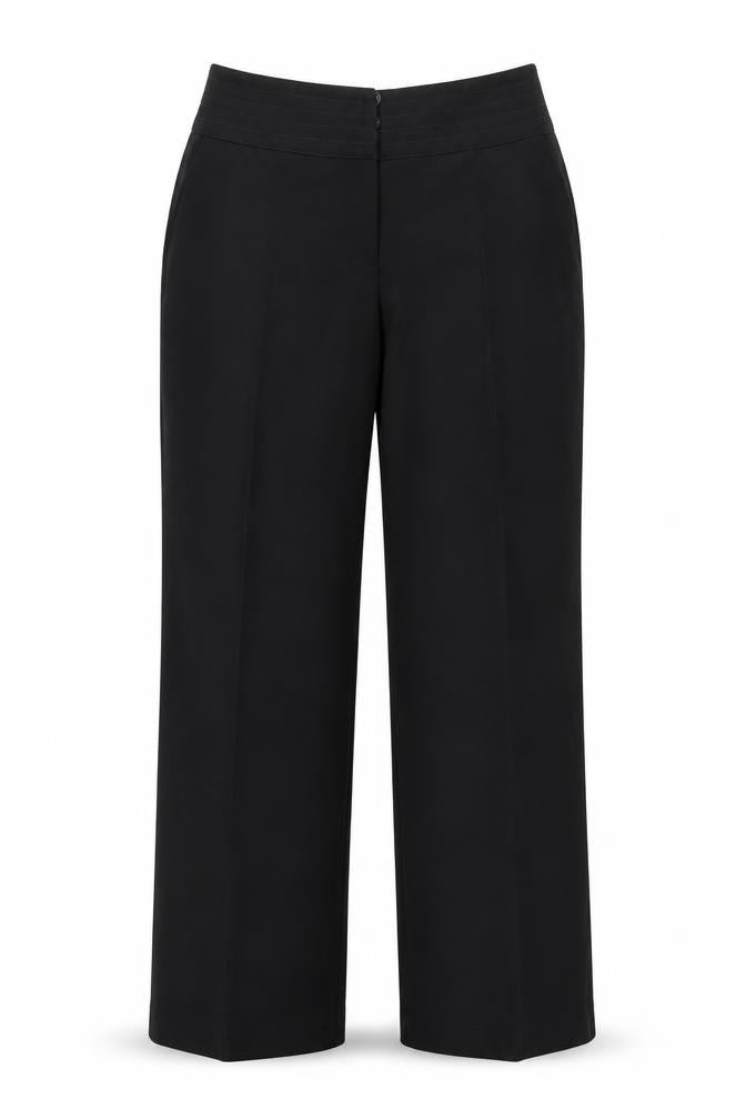 Front view of Preworn women’s black trousers, size UK 38, in, 30-inch leg