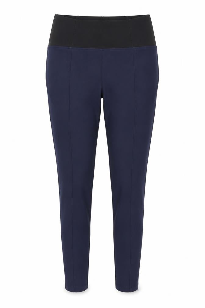 Front view of Marks & Spencer women’s blue trousers, size UK 12, 28-inch leg