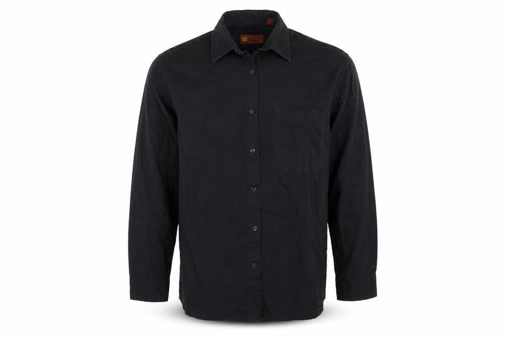 Front view of hazards men’s black button-up, size 17