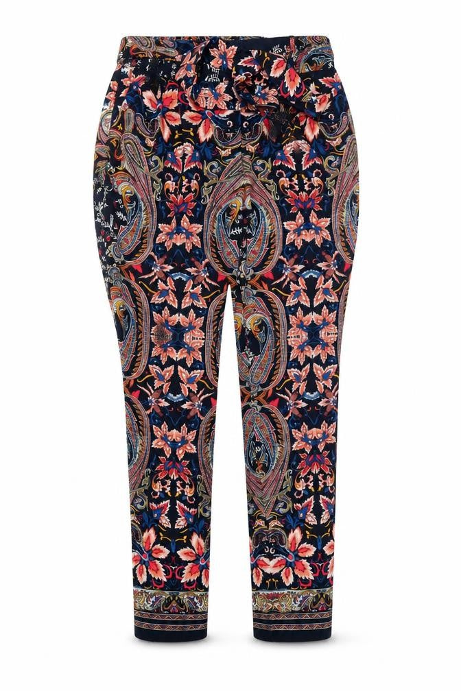 Front view of Oasis women’s multicoloured geometric trousers, size UK 8, 27-inch leg