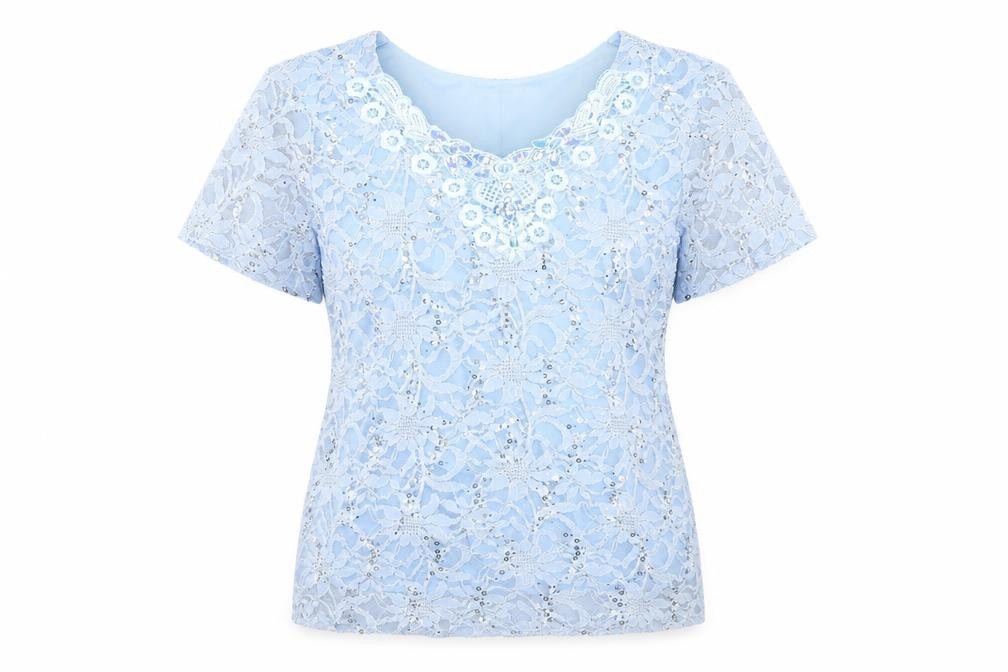 Front view of Anne Smith women’s black basic t-shirt, size UK 14, - lace and sequns