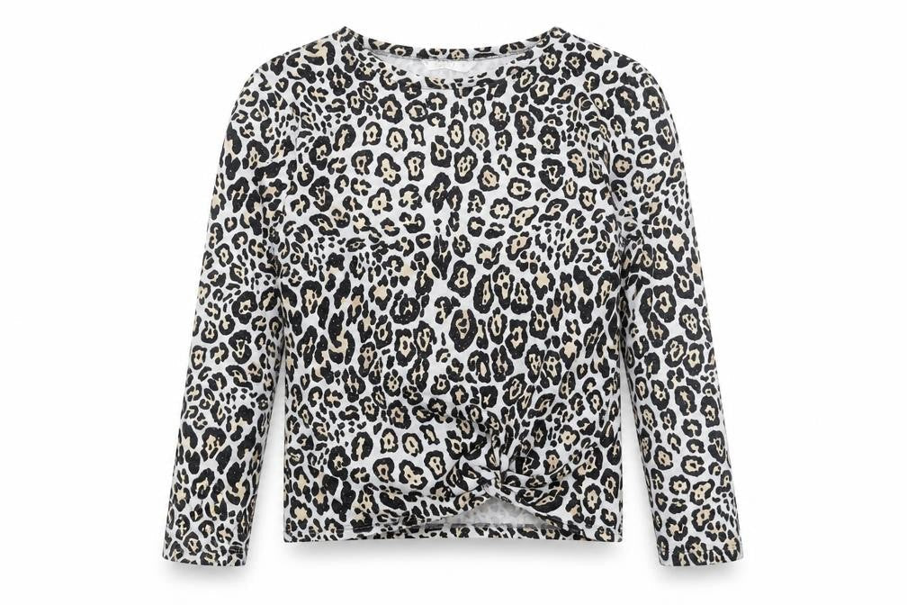 Front view of Candy Couture girls’ beige animal print basic blouse, size 13, years