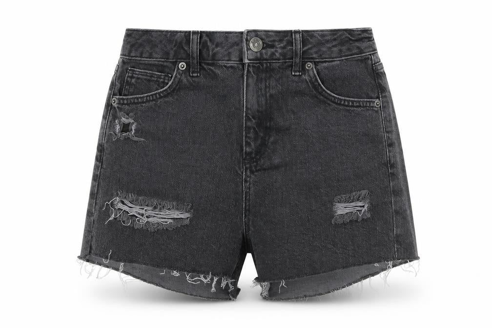 Front view of BDG women’s black denim hot pants shorts, size UK 27, in