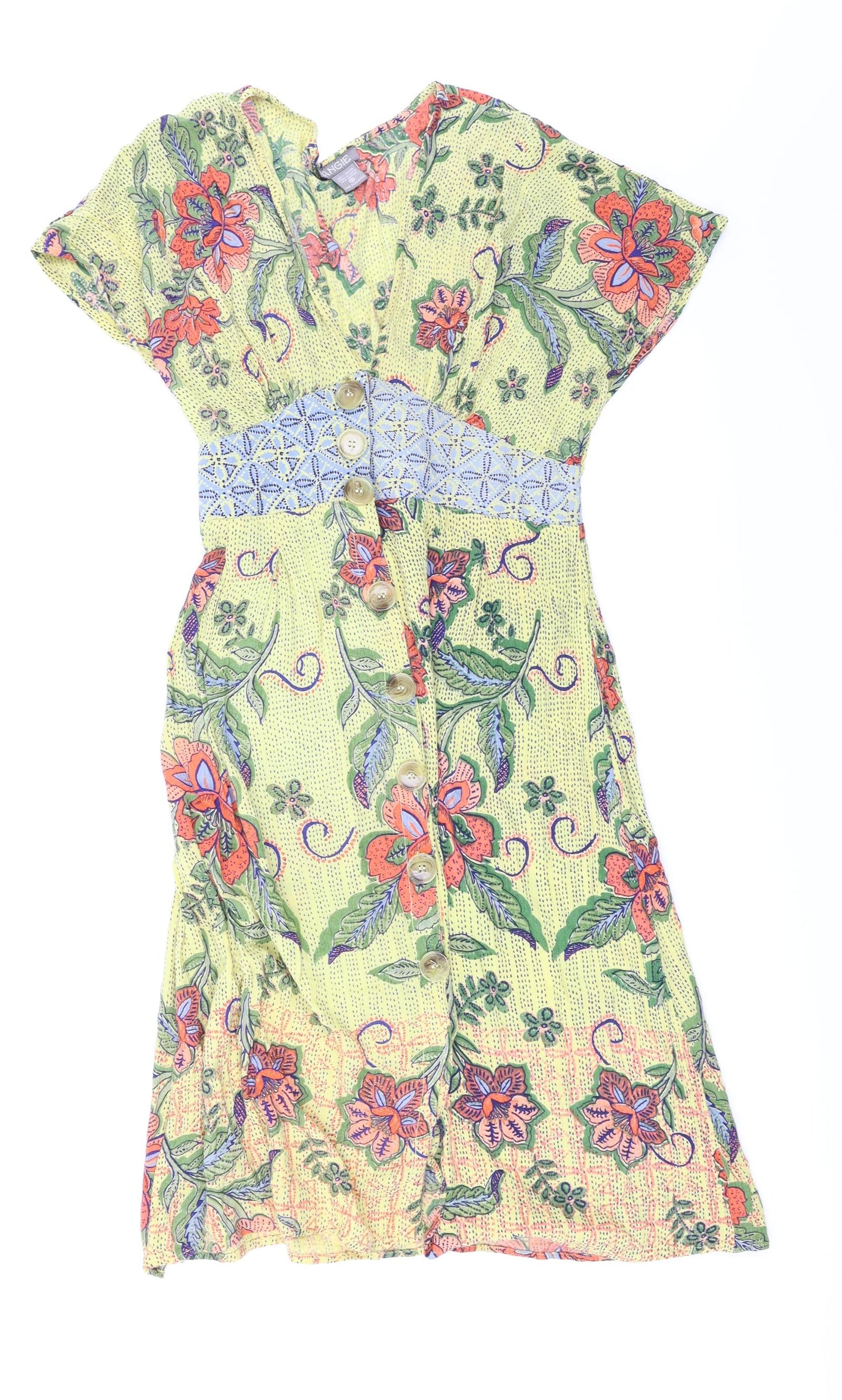 Angie Womens Yellow Floral  Fit & Flare  Size S
