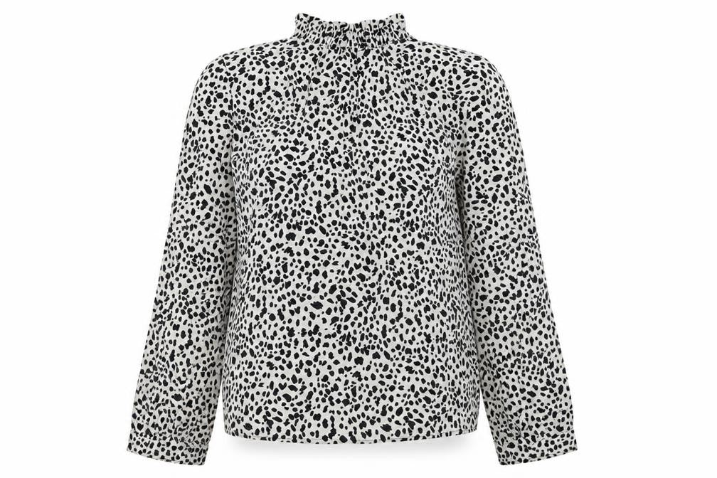 Front view of Preworn women’s grey animal print basic blouse, size UK 8