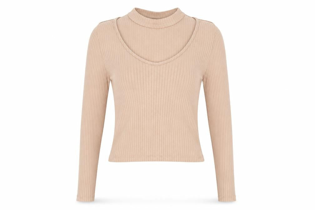 Front view of Topshop women’s beige basic t-shirt, size UK 8