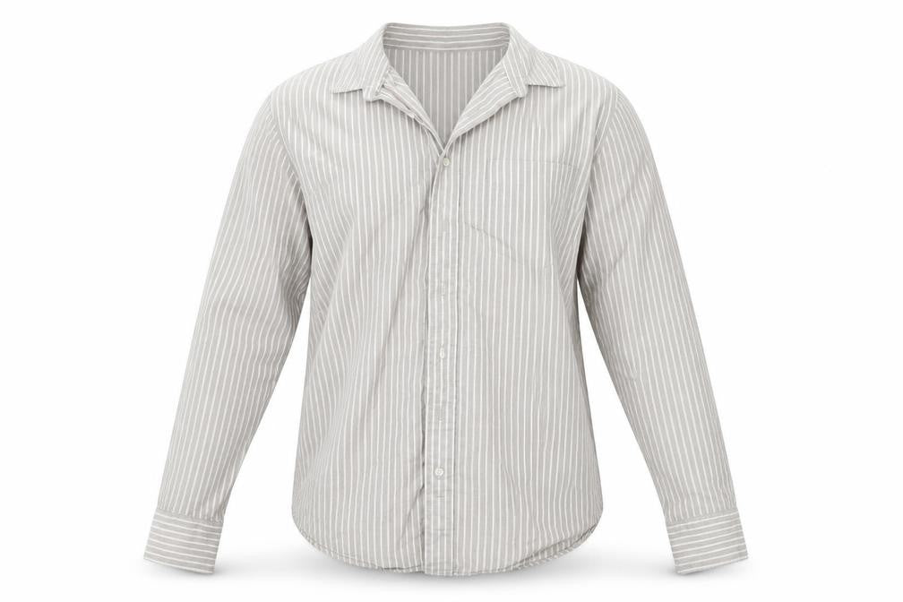 Front view of Gap men’s beige striped button-up, size XL