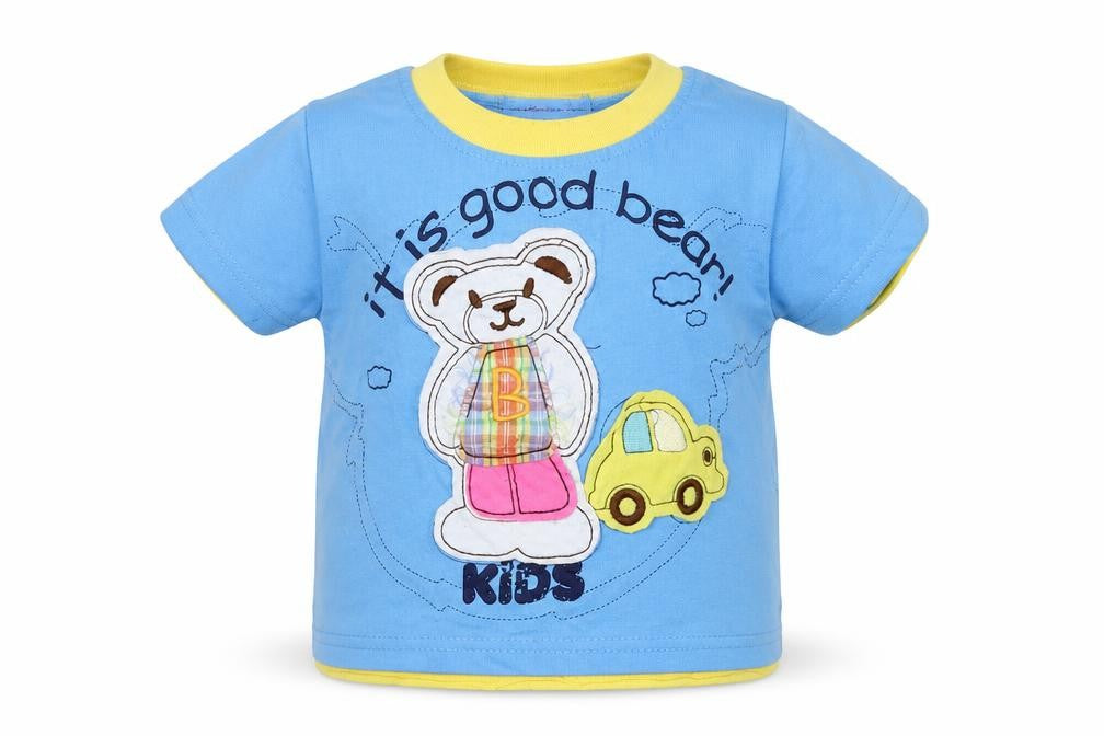 Front view of Cantarana boys’ blue basic t-shirt, size 18-24, months - teddy bear