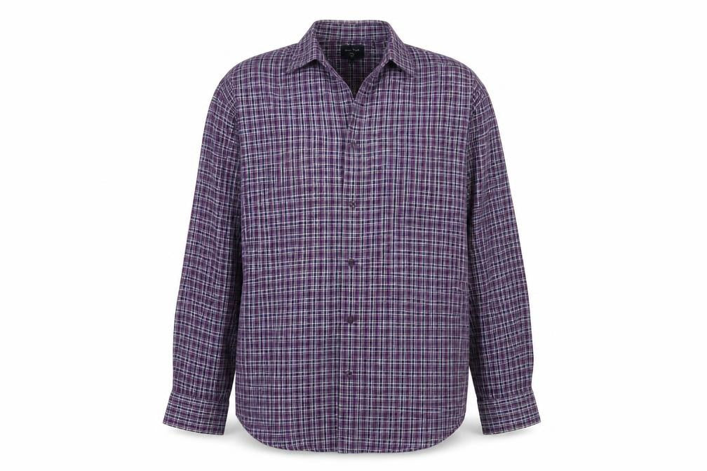 Front view of EWM men’s purple striped woven button-up, size M