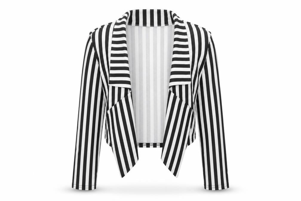 Front view of Buzy women’s black striped jacket, size S