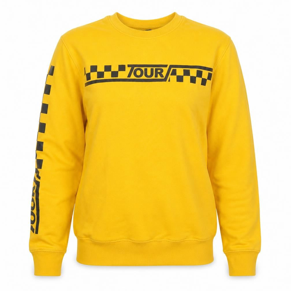 Front view of H&M women’s yellow pullover sweatshirt, size XS, - team bieber justin bieber