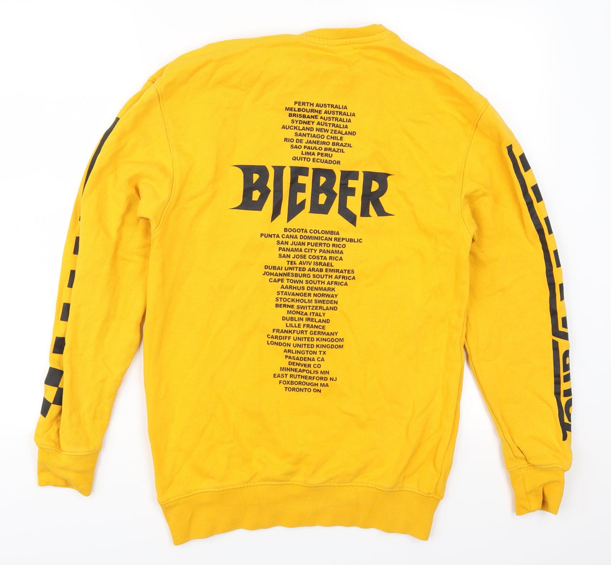 Back view of H&M women’s yellow pullover sweatshirt, size XS, - team bieber justin bieber