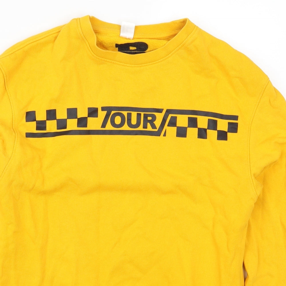 Close-up detail of H&M women’s yellow pullover sweatshirt, size XS, - team bieber justin bieber