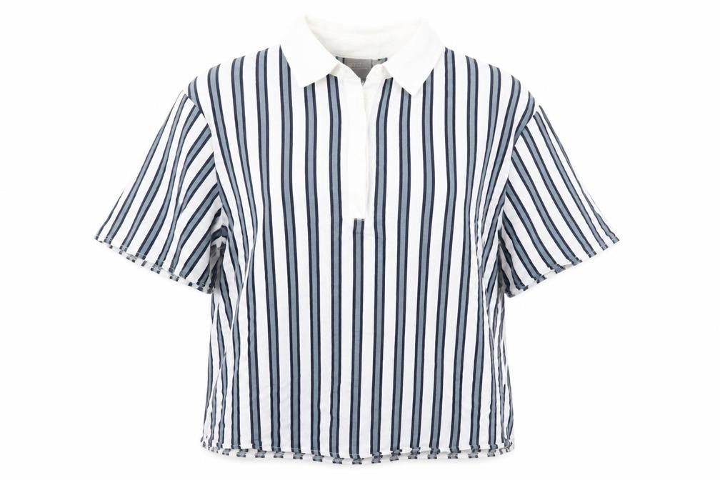 Front view of ASOS women’s ivory striped basic blouse, size UK 10