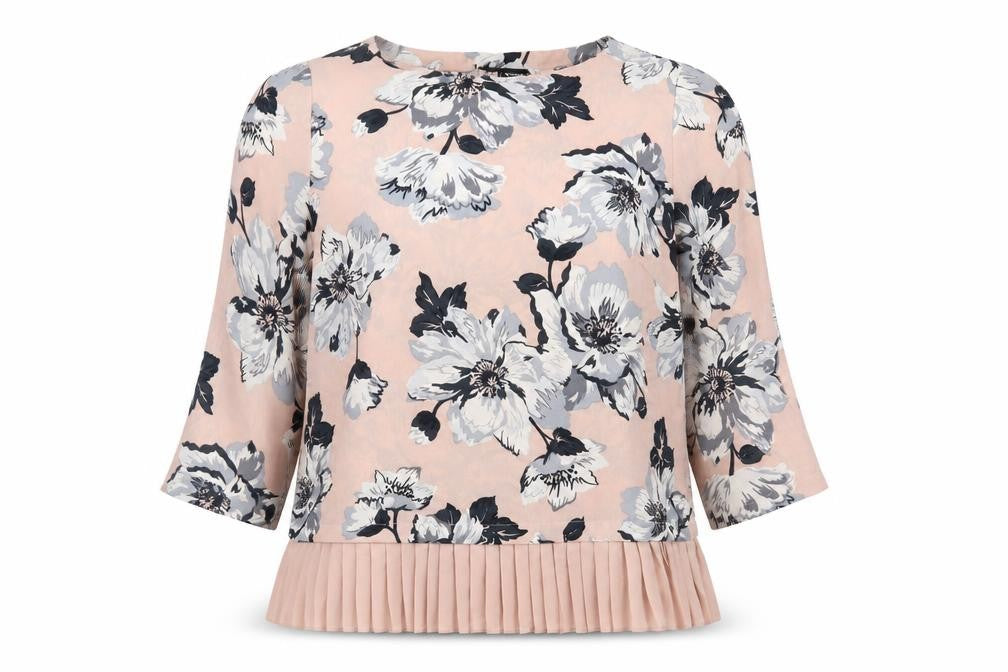 Front view of Debenhams women’s pink floral basic blouse, size UK 14