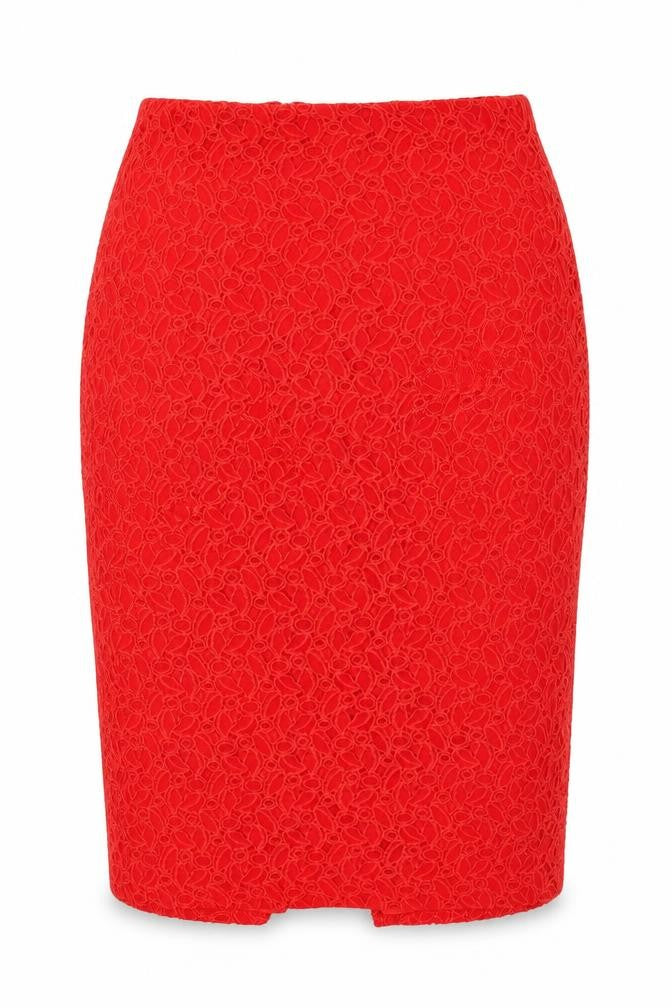 Front view of Papaya women’s red floral lace straight & pencil skirt, size UK 12