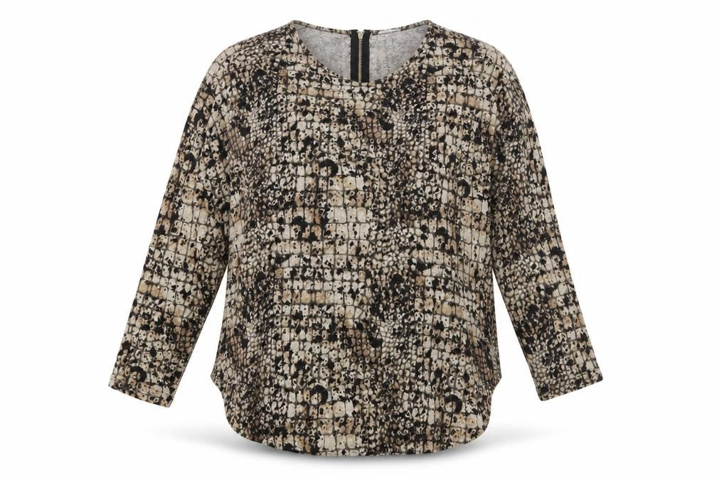 Front view of Blue Vanilla women’s brown animal print pullover sweatshirt, size L