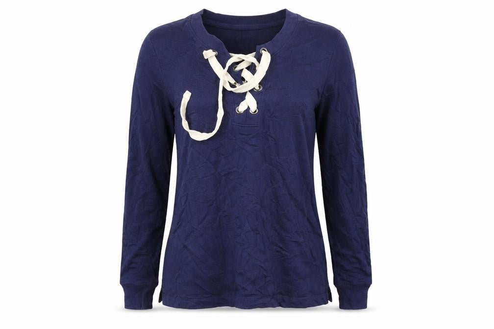 Front view of Old Navy women’s blue pullover sweatshirt, size S