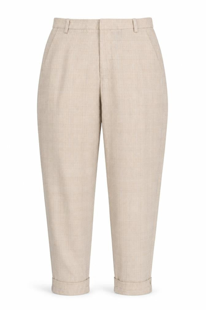 Front view of Plains & Prints women’s beige check trousers, size XS, 26-inch leg
