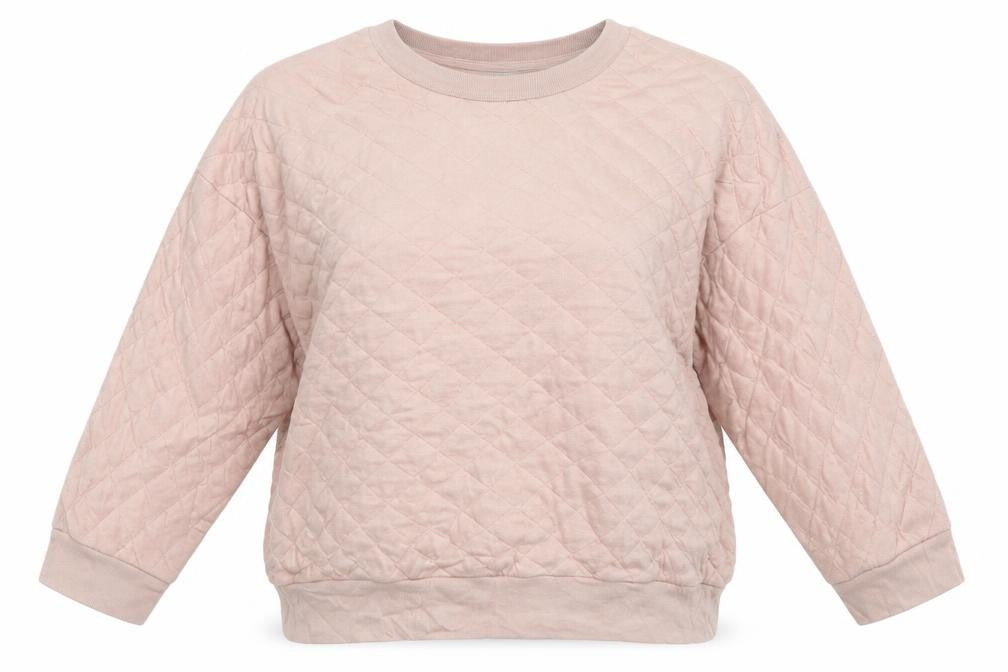 Front view of Gap women’s beige pullover sweatshirt, size L
