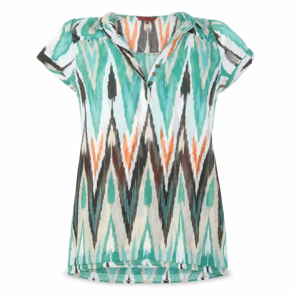 Front view of John Richmond women’s multicoloured geometric tunic blouse, size UK 12