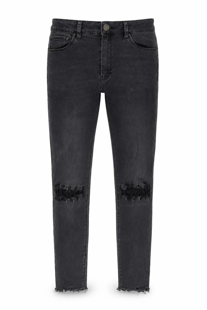 Front view of ASOS men’s black skinny jeans, size 30, in, 30-inch leg