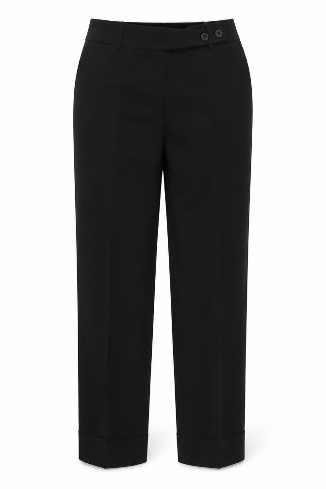 Front view of fashionelle women’s black trousers, size S, 30-inch leg