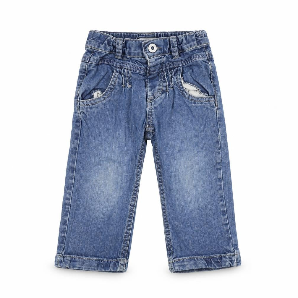 Front view of NAME IT boys’ blue denim capri jeans, size 12-18, months