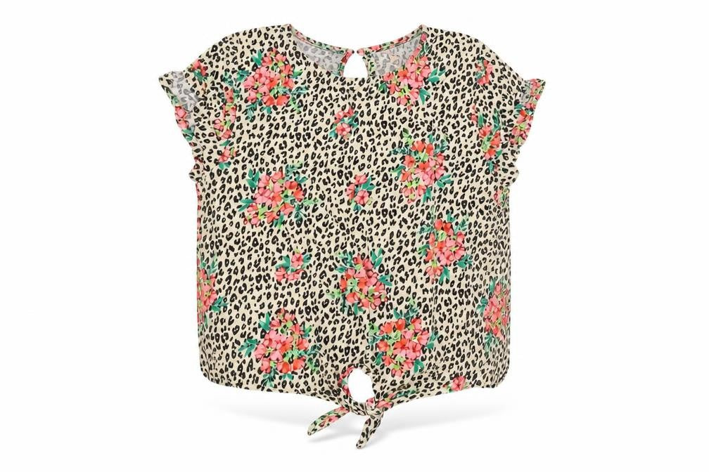 Front view of Next girls’ brown animal print basic t-shirt, size 8, years - flowers tie front