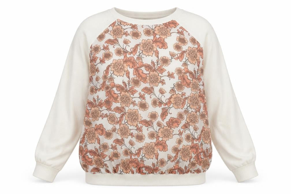 Front view of Dorothy Perkins women’s white floral knit jumper, size UK 14, - chiffon front