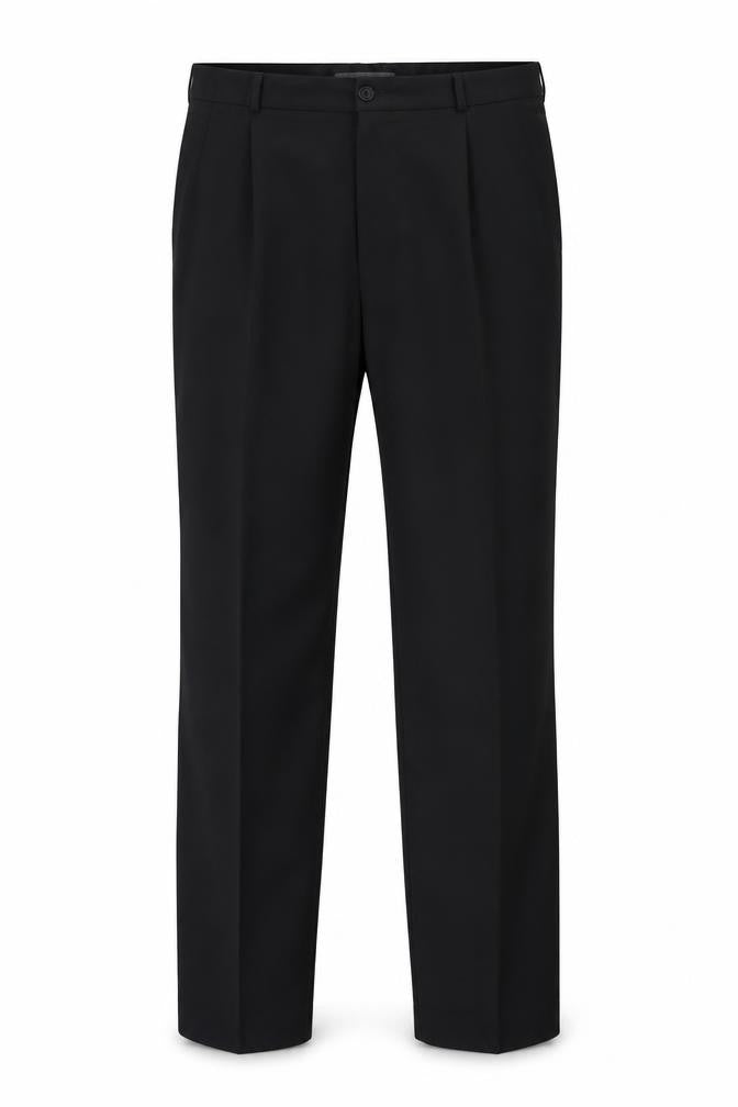 Front view of Preworn men’s black trousers, size 41, in, 34-inch leg - `