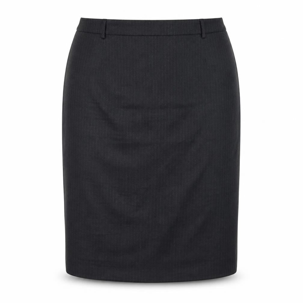 Front view of Preworn women’s grey striped a-line skirt, size UK 16