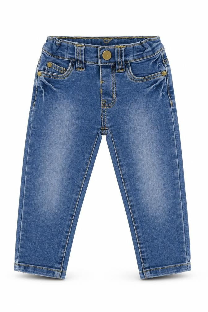 Front view of Evie Angel girls’ blue cargo jeans, size 12-18, months