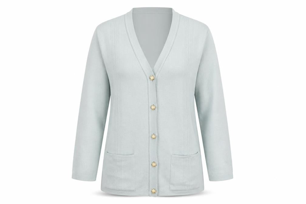 Front view of The Pearl Collection women’s green cardigan jumper, size UK 14