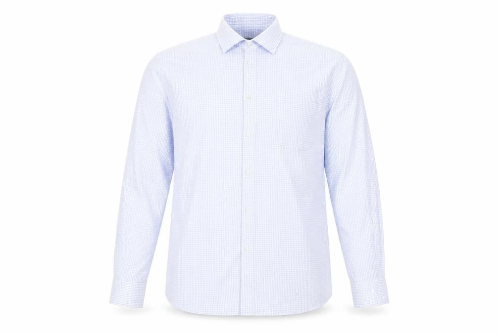 Front view of Tu men’s blue check button-up, size 17