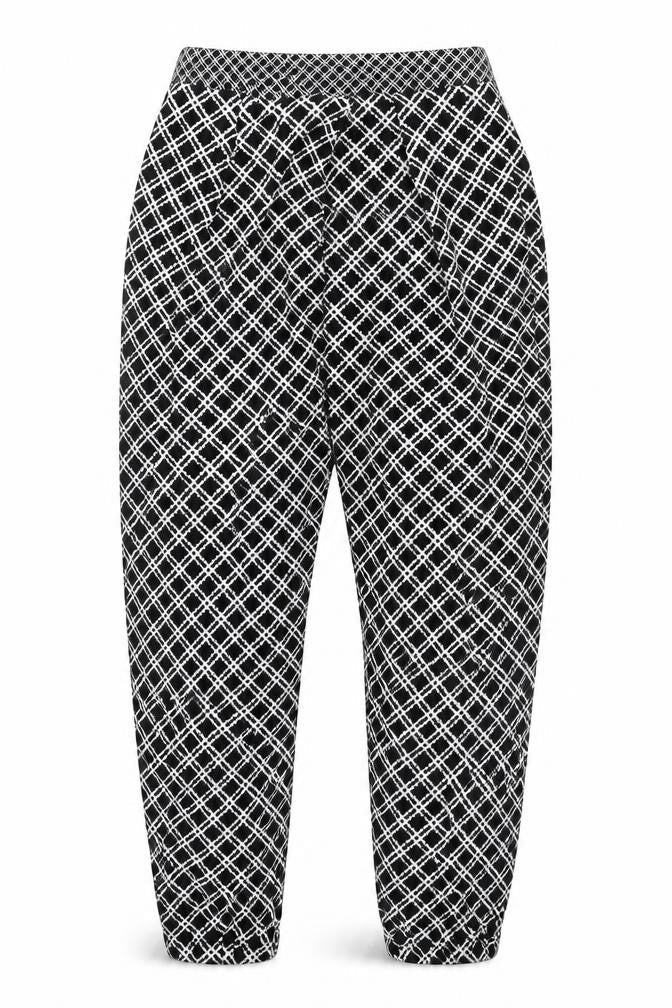 Front view of Topshop women’s black geometric trousers, size UK 6, 27-inch leg