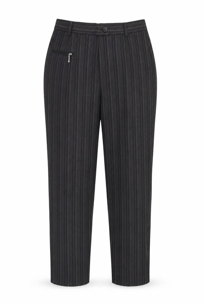 Front view of Best Basics women’s black striped trousers, size UK 14, 29-inch leg