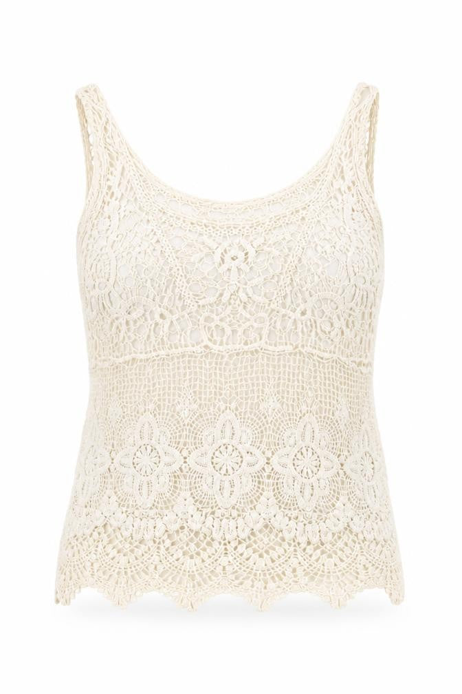 Front view of Select women’s beige floral lace basic t-shirt, size S
