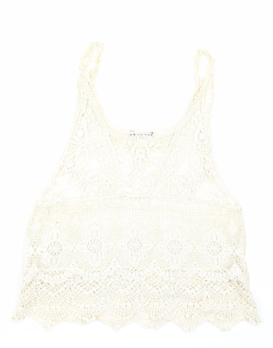 Select Womens Beige Floral Lace Basic T-Shirt Size S