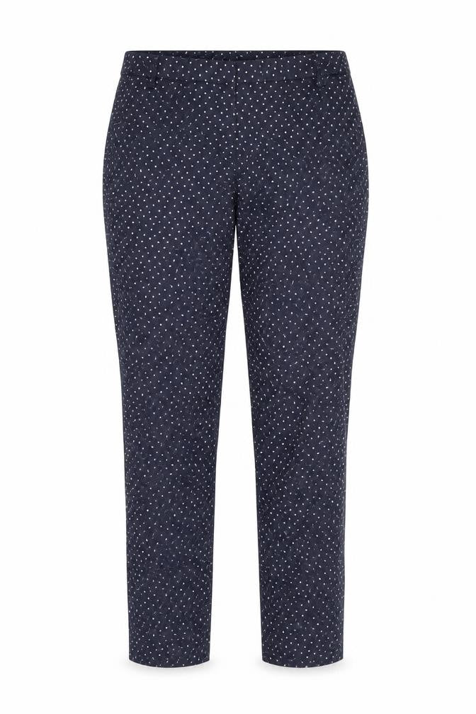 Front view of R Edition women’s blue polka dot chino trousers, size UK 10, 27-inch leg