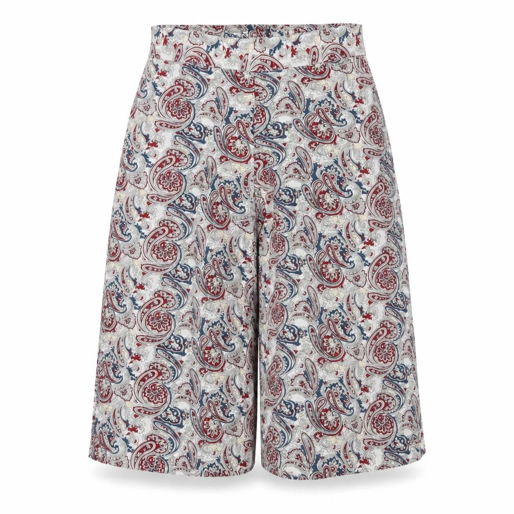 Front view of Make Way women’s multicoloured paisley culotte shorts, size UK 8