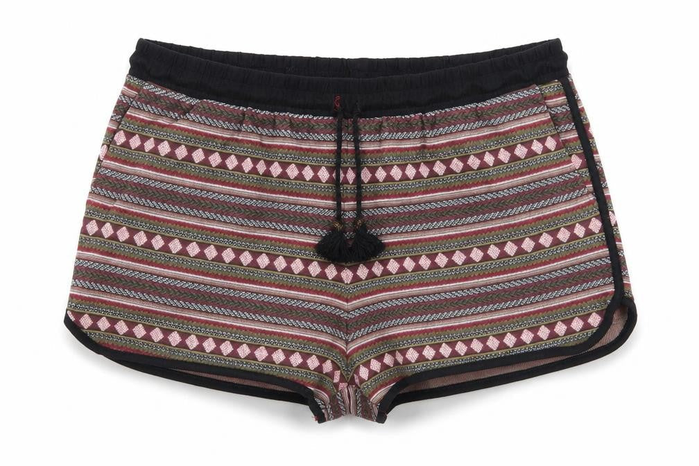 Front view of Preworn women’s red geometric sweat shorts, size UK 36, in