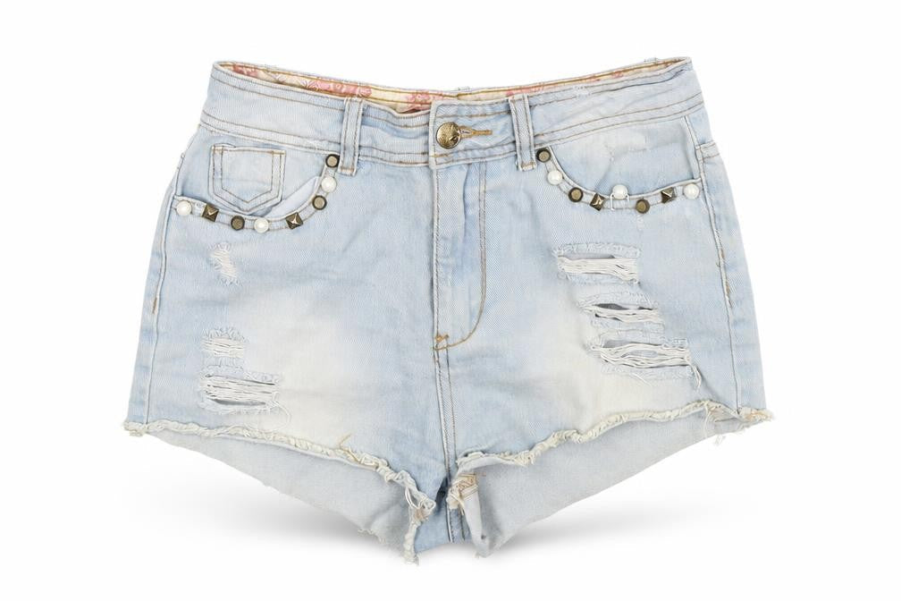 Front view of Denim Co women’s blue denim hot pants shorts, size UK 8, - distressed