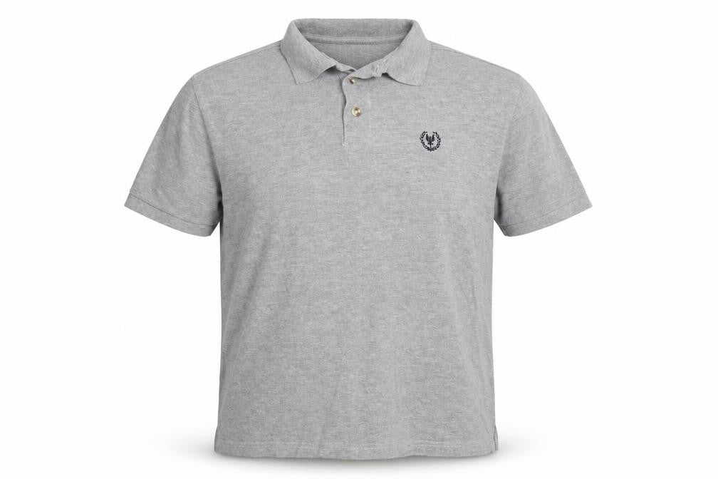 Front view of Freeport men’s grey polo, size L