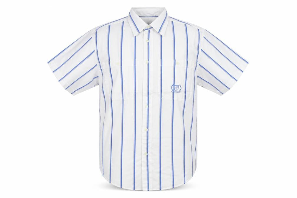 Front view of Wide Boy men’s white striped button-up, size M