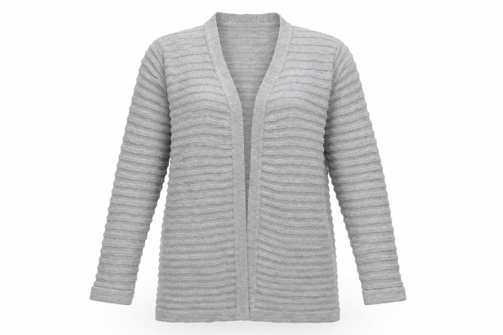 Front view of Boohoo women’s grey knit cardigan jumper, size M